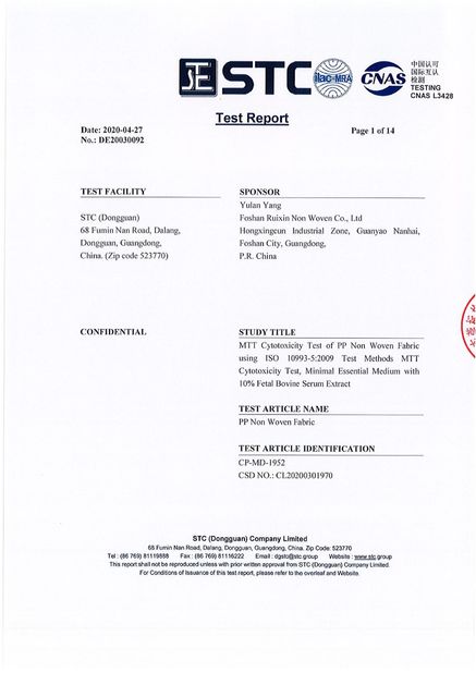 China Foshan Rayson Non Woven Co.,Ltd certificaten